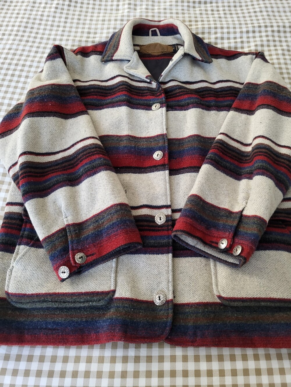Vintage Woolrich Unisex Ivory Wool Jacket With Red Blue Green Brown Stripes Sz M